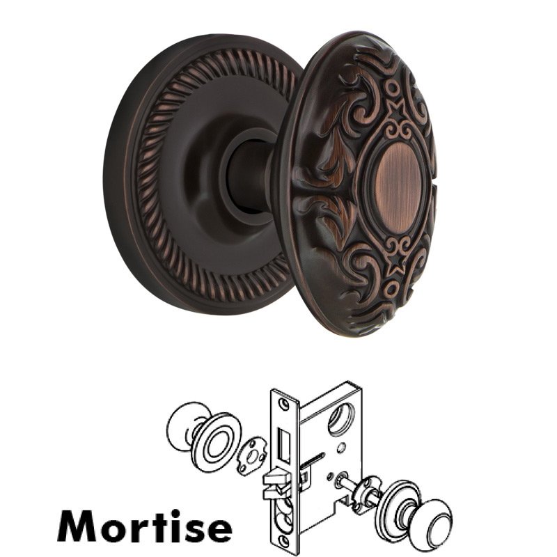 Nostalgic Warehouse Complete Mortise Lockset with Keyhole - Rope Rosette with Victorian Door Knob in Timeless Bronze