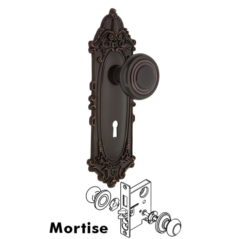 Nostalgic Warehouse Complete Mortise Lockset with Keyhole - Victorian Plate with Deco Door Knob in Timeless Bronze