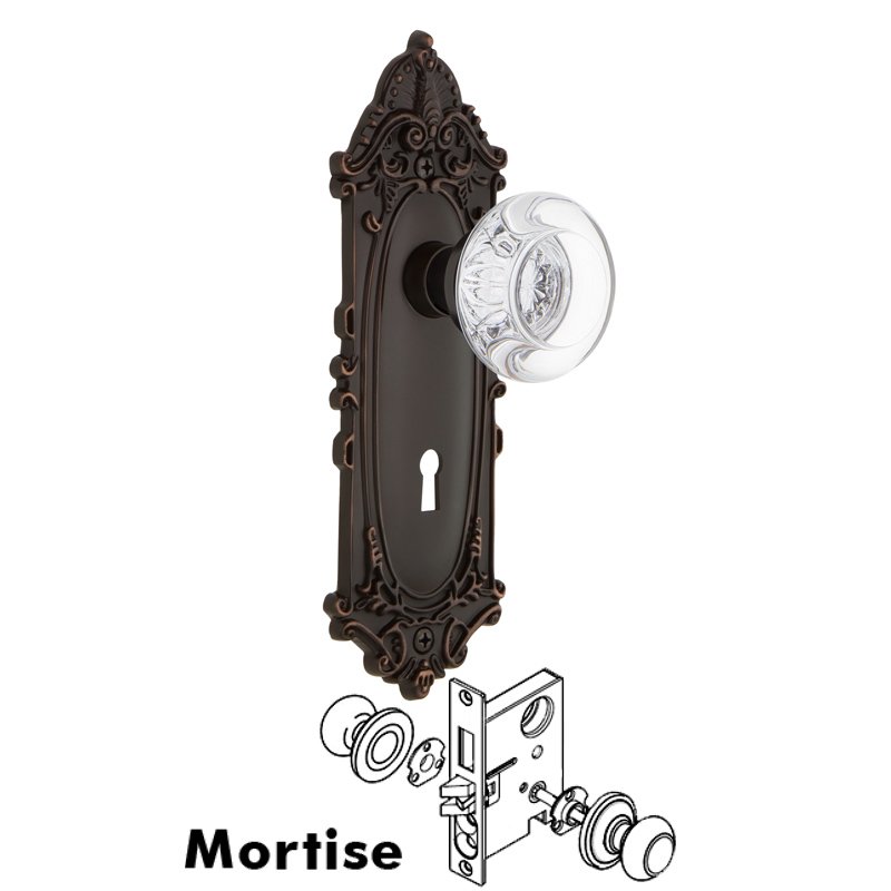 Nostalgic Warehouse Complete Mortise Lockset with Keyhole - Victorian Plate with Round Clear Crystal Glass Door Knob in Timeless Bronze