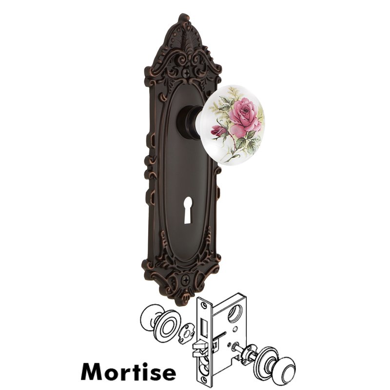 Nostalgic Warehouse Complete Mortise Lockset with Keyhole - Victorian Plate with White Rose Porcelain Door Knob in Timeless Bronze