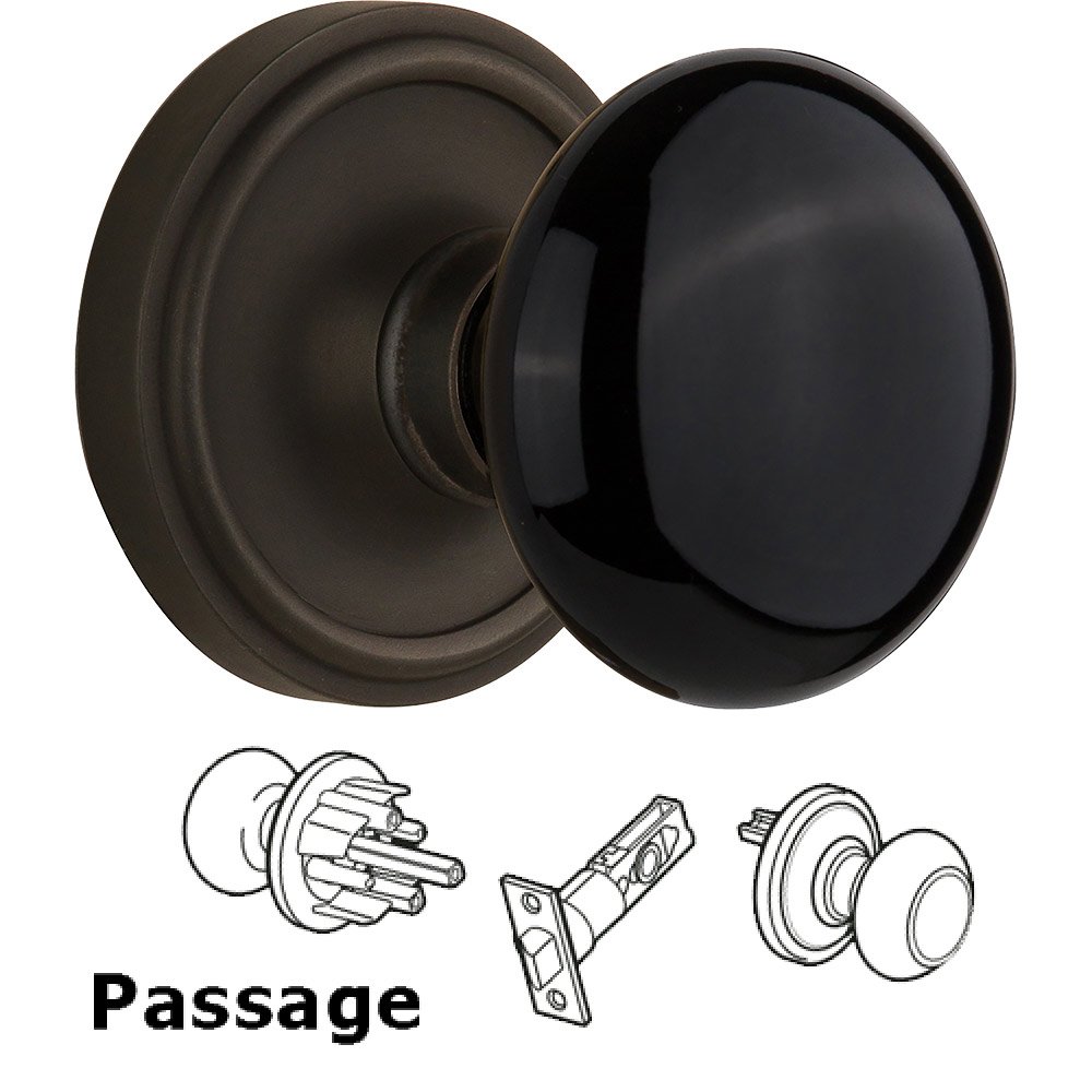 Nostalgic Warehouse Passage Knob - Classic Rose with Black Porcelain Knob in Oil Rubbed Bronze