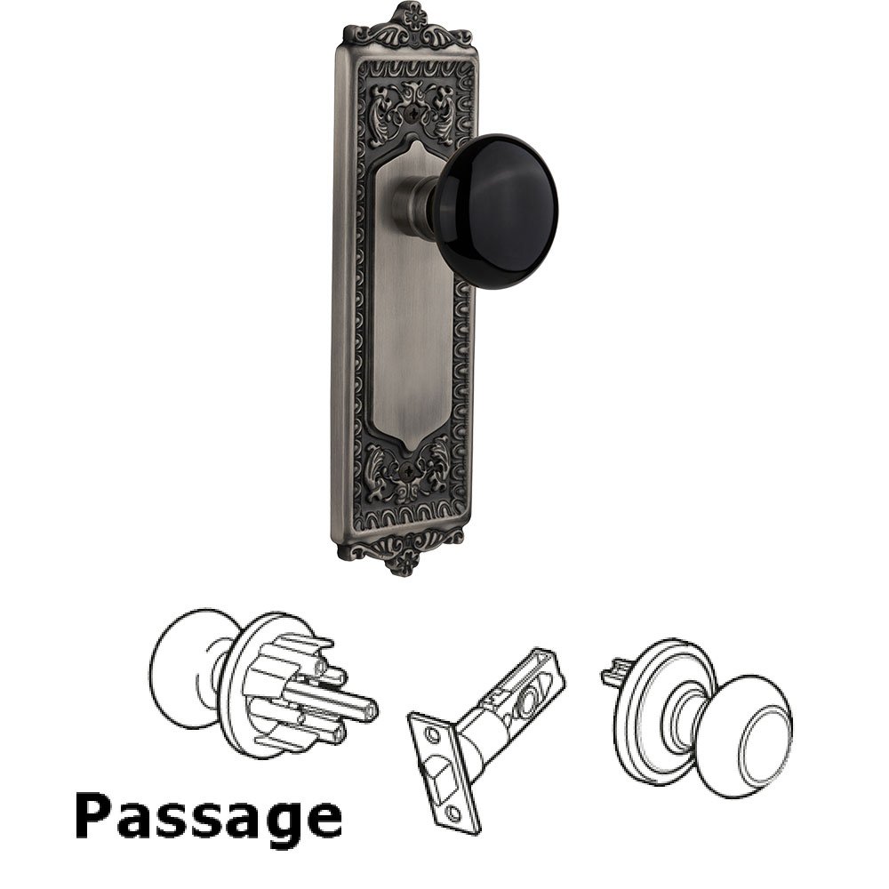 Nostalgic Warehouse Passage Knob - Egg and Dart Plate with Black Porcelain Knob without Keyhole in Antique Pewter