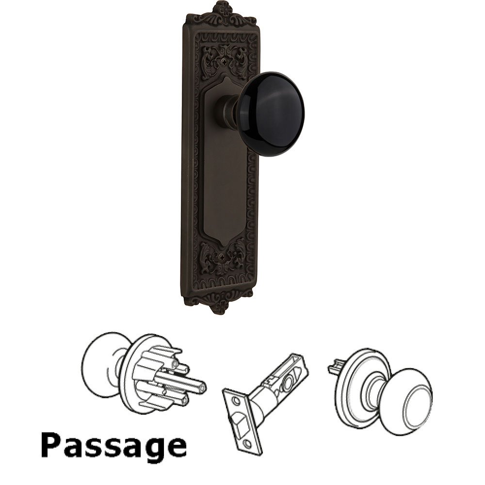 Nostalgic Warehouse Passage Knob - Egg and Dart Plate with Black Porcelain Knob without Keyhole in Oil Rubbed Bronze