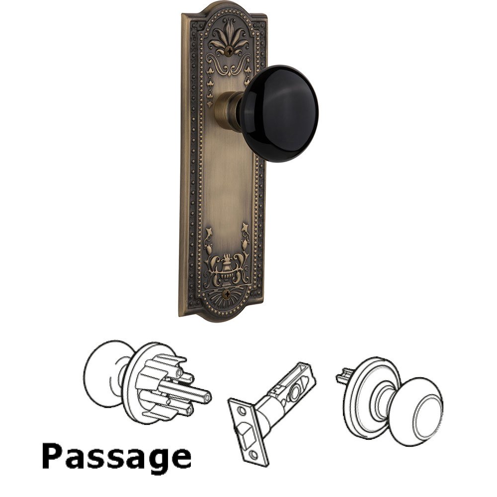 Nostalgic Warehouse Passage Knob - Meadows Plate with Black Porcelain Knob without Keyhole in Antique Brass