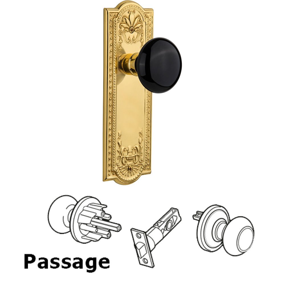 Nostalgic Warehouse Passage Meadows Plate with Black Porcelain Door Knob in Polished Brass