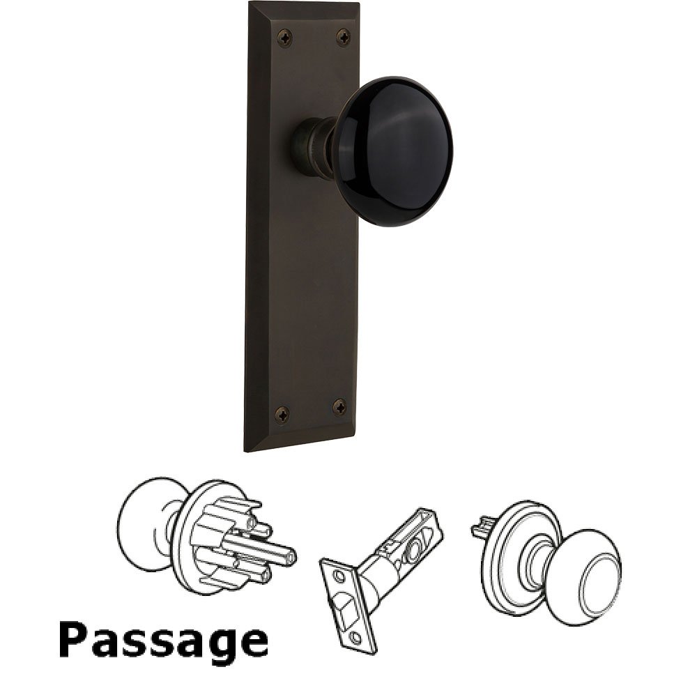 Nostalgic Warehouse Passage Knob - New York Plate with Black Porcelain Knob without Keyhole in Oil Rubbed Bronze
