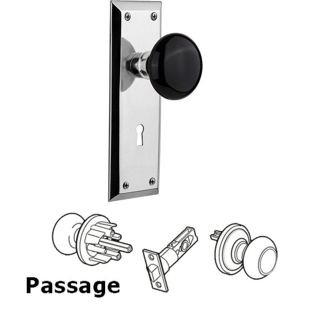 Nostalgic Warehouse Passage New York Plate with Keyhole and Black Porcelain Door Knob in Bright Chrome