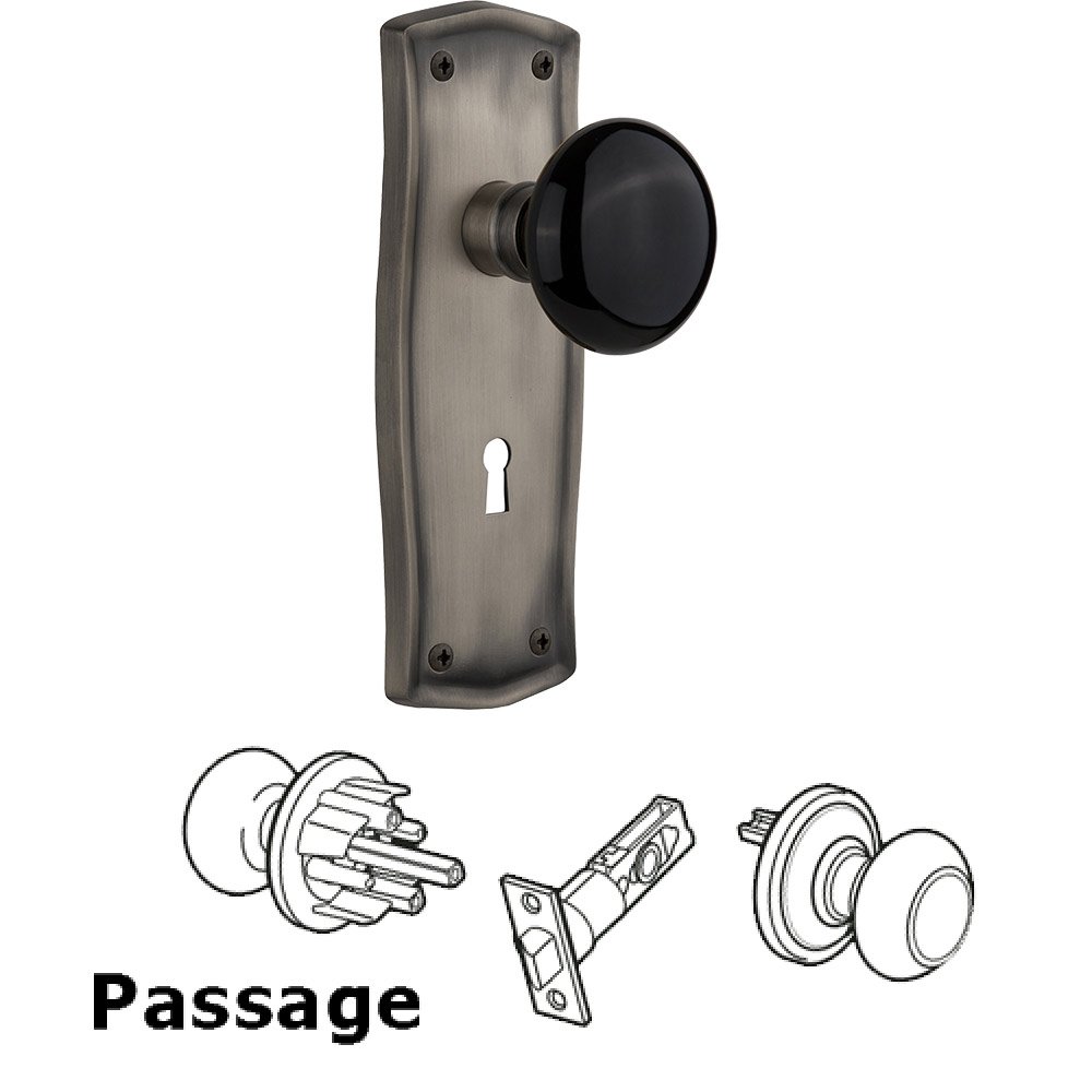 Nostalgic Warehouse Passage Knob - Prairie Plate with Black Porcelain Knob with Keyhole in Antique Pewter
