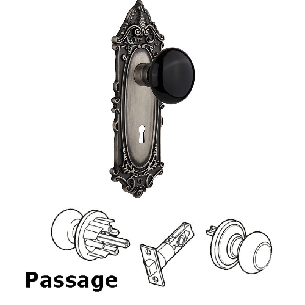 Nostalgic Warehouse Passage Knob - Victorian Plate with Black Porcelain Knob with Keyhole in Antique Pewter