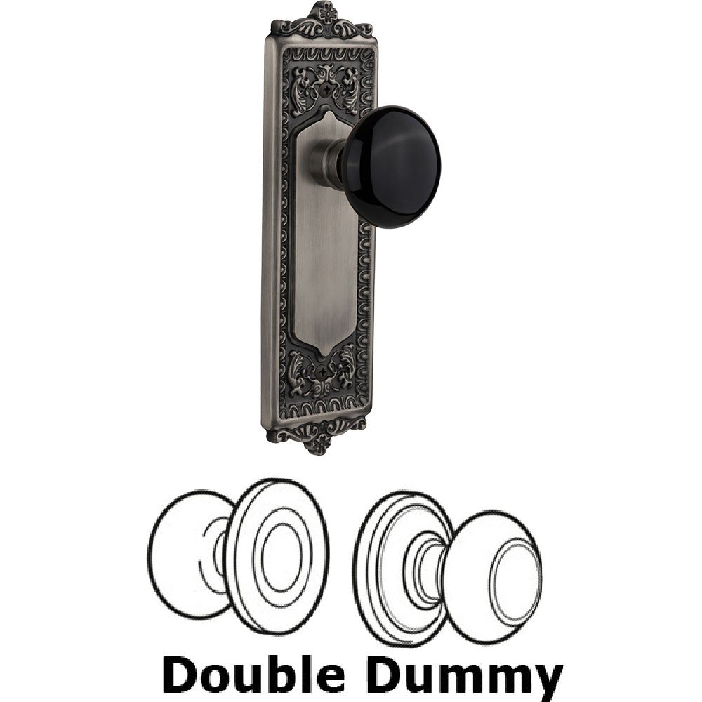 Nostalgic Warehouse Double Dummy - Egg and Dart Plate with Black Porcelain Knob without Keyhole in Antique Pewter