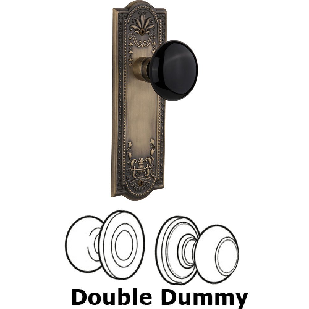 Nostalgic Warehouse Double Dummy - Meadows Plate with Black Porcelain Knob without Keyhole in Antique Brass