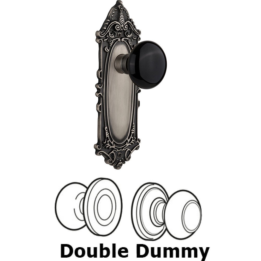 Nostalgic Warehouse Double Dummy - Victorian Plate with Black Porcelain Knob without Keyhole in Antique Pewter