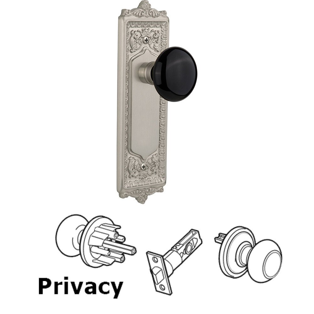 Nostalgic Warehouse Privacy Knob - Egg and Dart Plate with Black Porcelain Knob without Keyhole in Satin Nickel