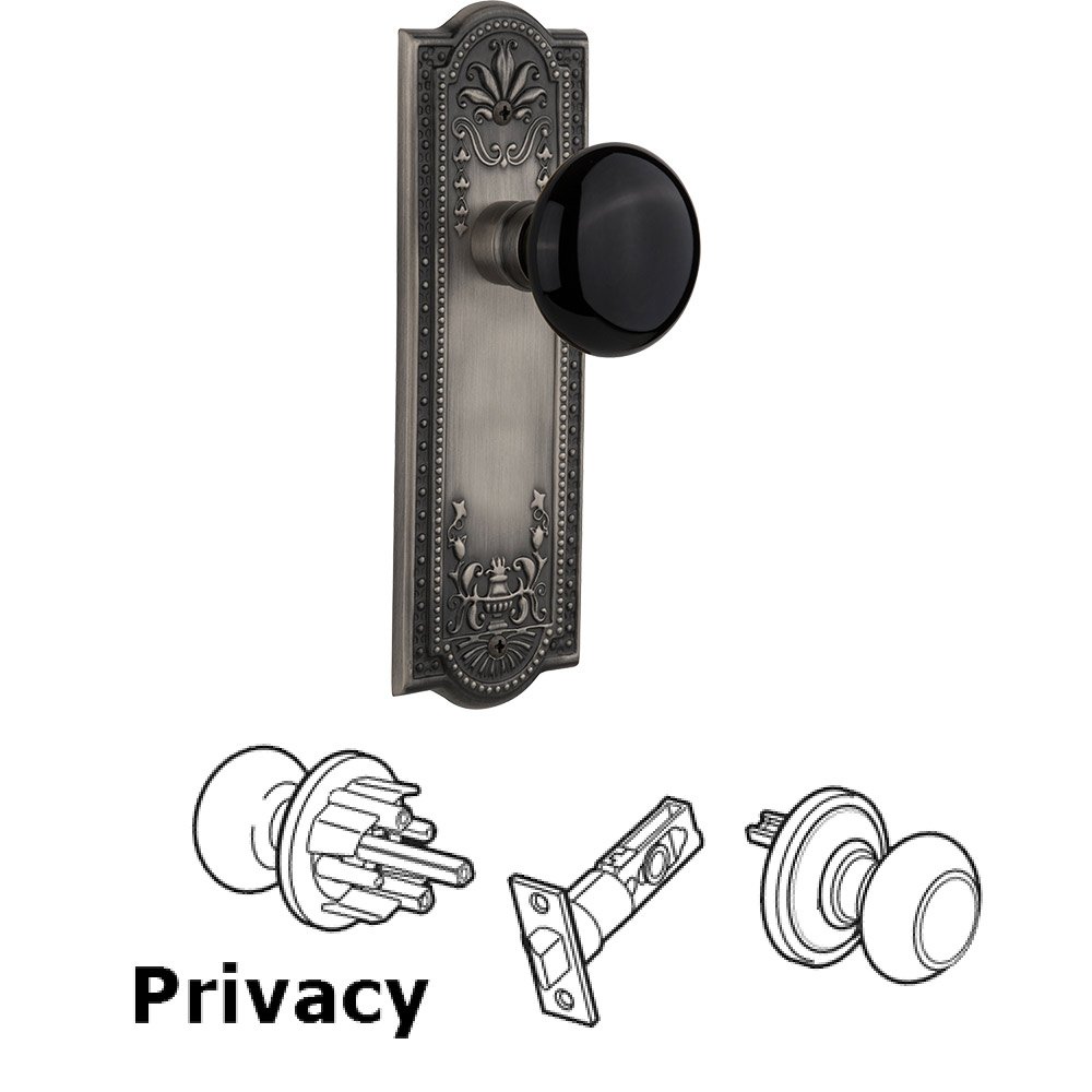 Nostalgic Warehouse Privacy Knob - Meadows Plate with Black Porcelain Knob without Keyhole in Antique Pewter