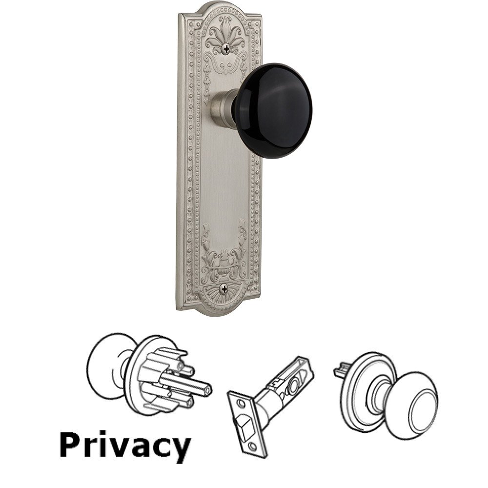 Nostalgic Warehouse Privacy Knob - Meadows Plate with Black Porcelain Knob without Keyhole in Satin Nickel