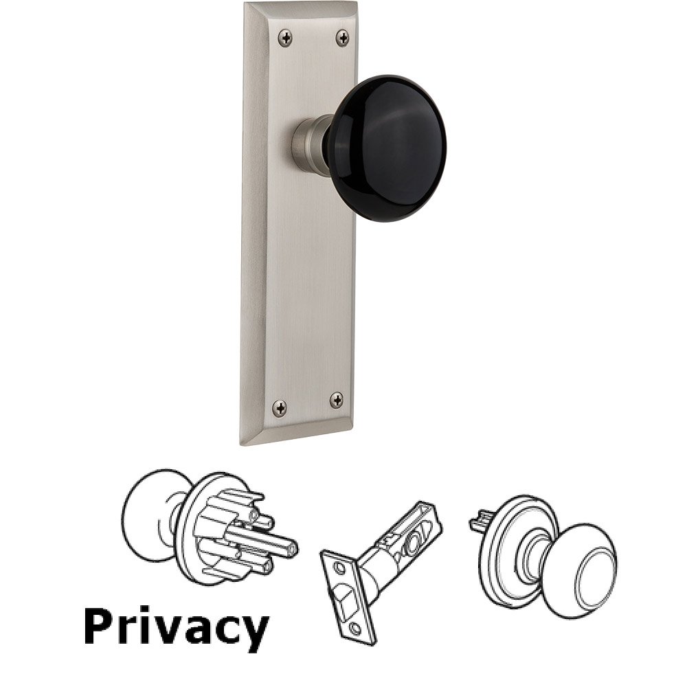 Nostalgic Warehouse Privacy Knob - New York Plate with Black Porcelain Knob without Keyhole in Satin Nickel