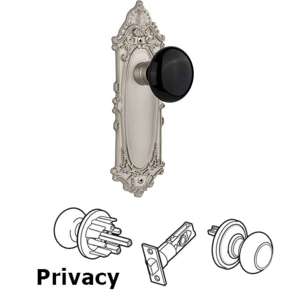 Nostalgic Warehouse Privacy Victorian Plate with Black Porcelain Door Knob in Satin Nickel