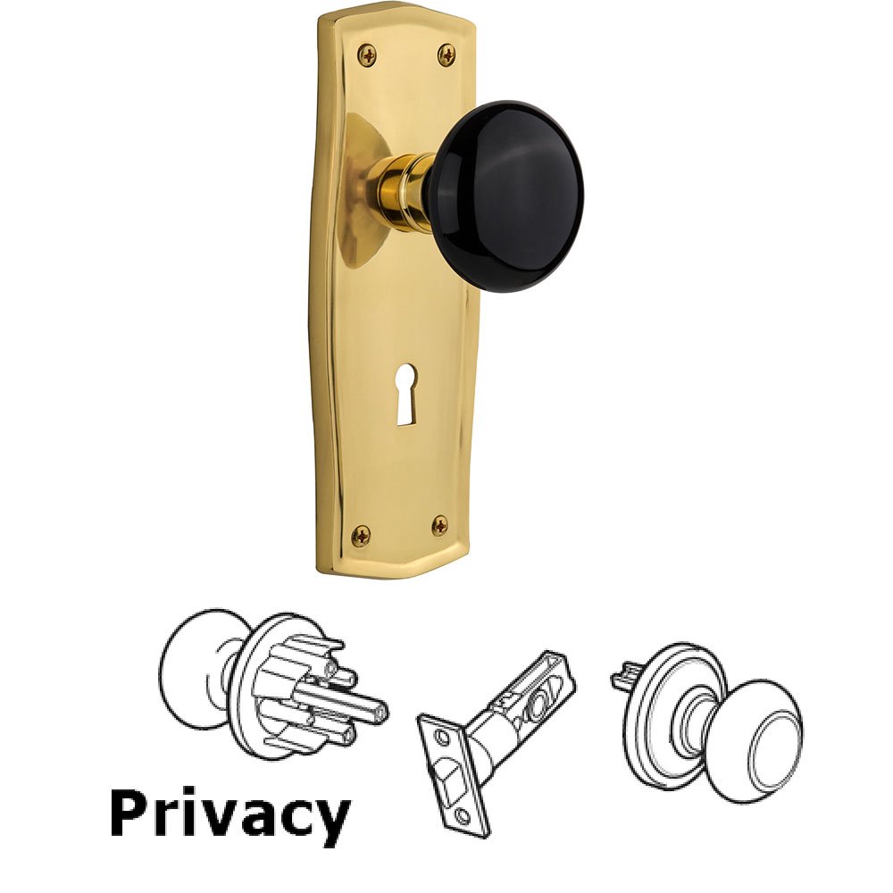 Nostalgic Warehouse Privacy Prairie Plate with Keyhole and Black Porcelain Door Knob in Polished Brass