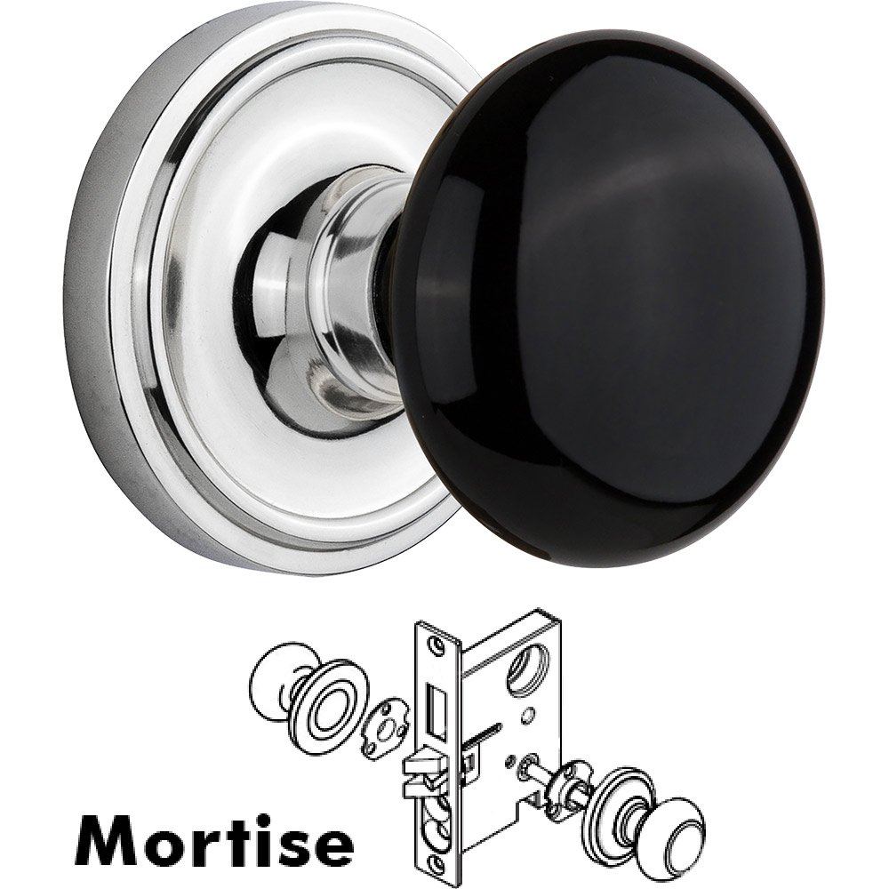 Nostalgic Warehouse Mortise - Classic Rose with Black Porcelain Knob in Bright Chrome