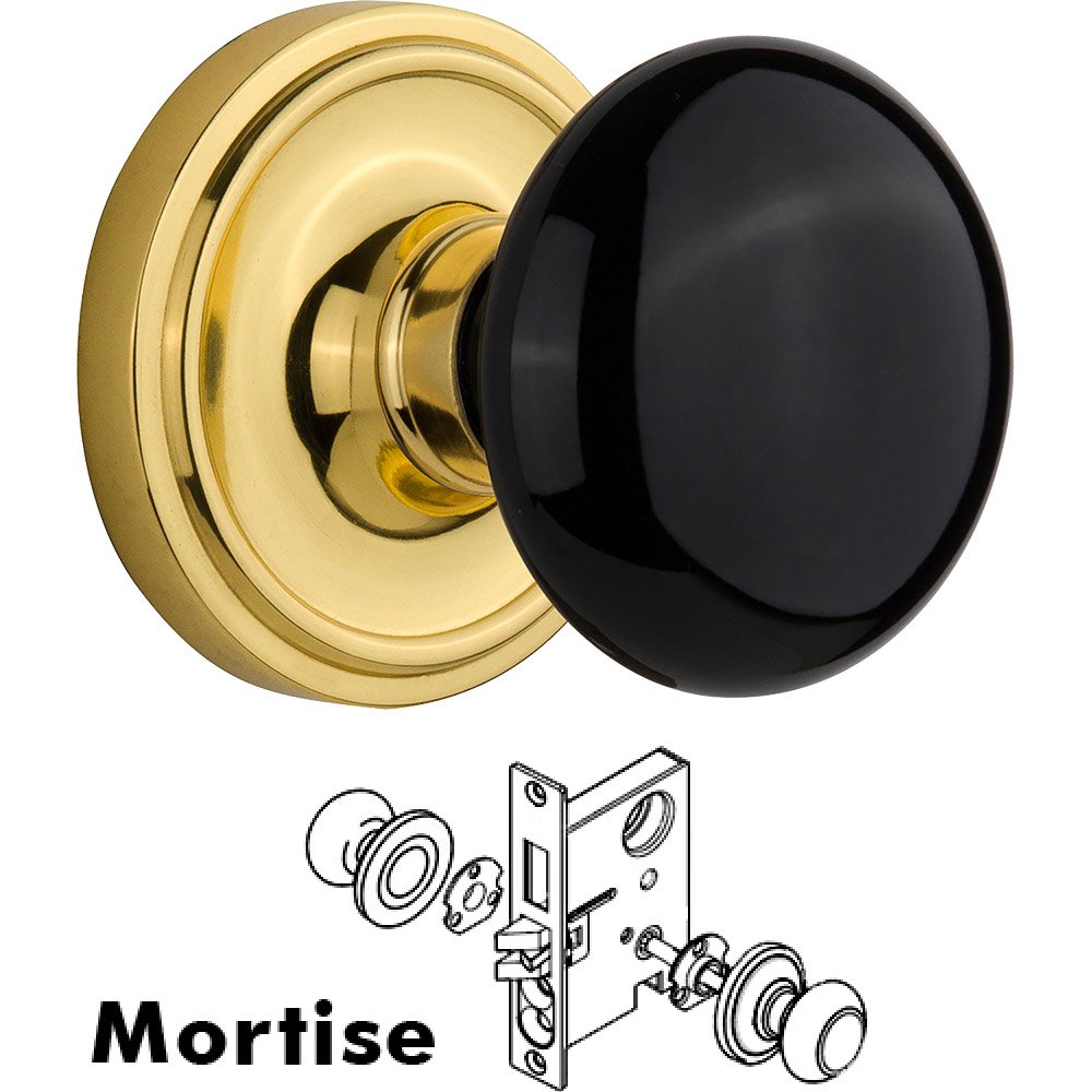 Nostalgic Warehouse Mortise - Classic Rose with Black Porcelain Knob in Polished Brass