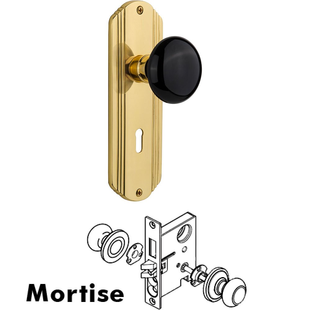 Nostalgic Warehouse Mortise - Deco Plate with Black Porcelain Knob with Keyhole in Polished Brass