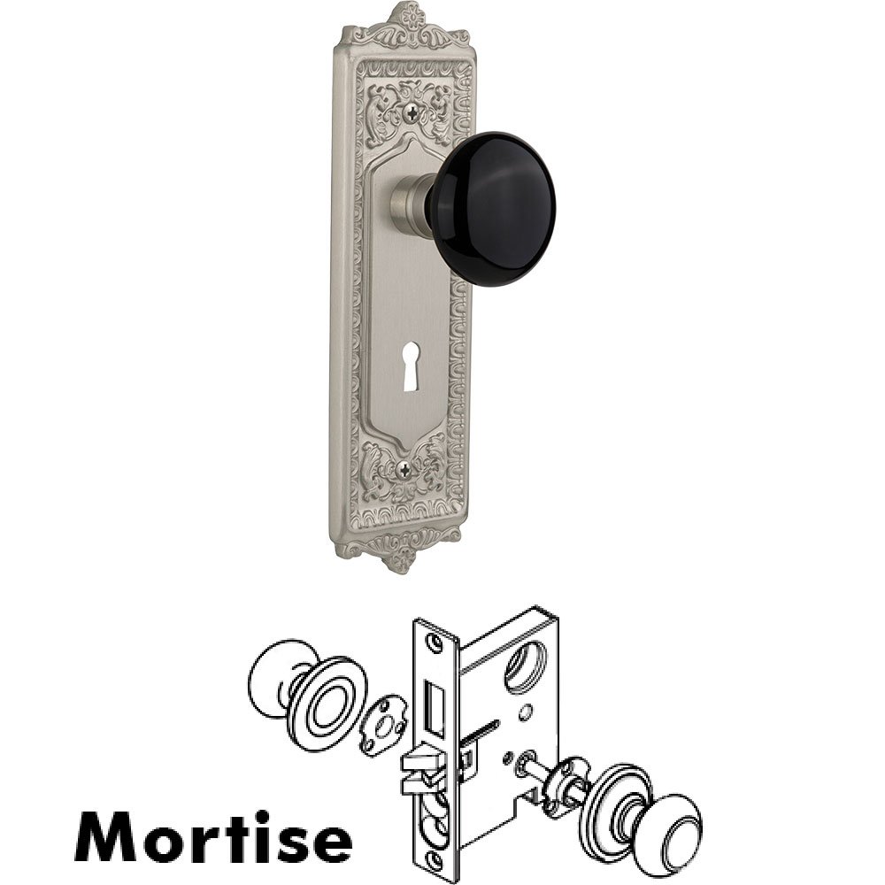 Nostalgic Warehouse Mortise - Egg and Dart Plate with Black Porcelain Knob with Keyhole in Satin Nickel
