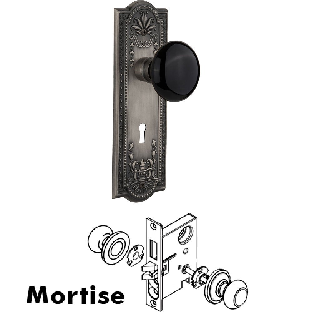 Nostalgic Warehouse Mortise - Meadows Plate with Black Porcelain Knob with Keyhole in Antique Pewter