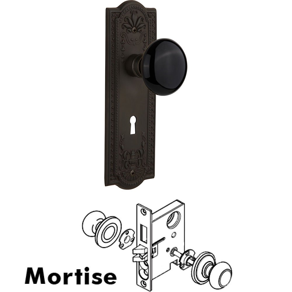 Nostalgic Warehouse Mortise - Meadows Plate with Black Porcelain Knob with Keyhole in Oil Rubbed Bronze