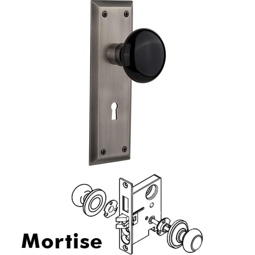 Nostalgic Warehouse Mortise - New York Plate with Black Porcelain Knob with Keyhole in Antique Pewter