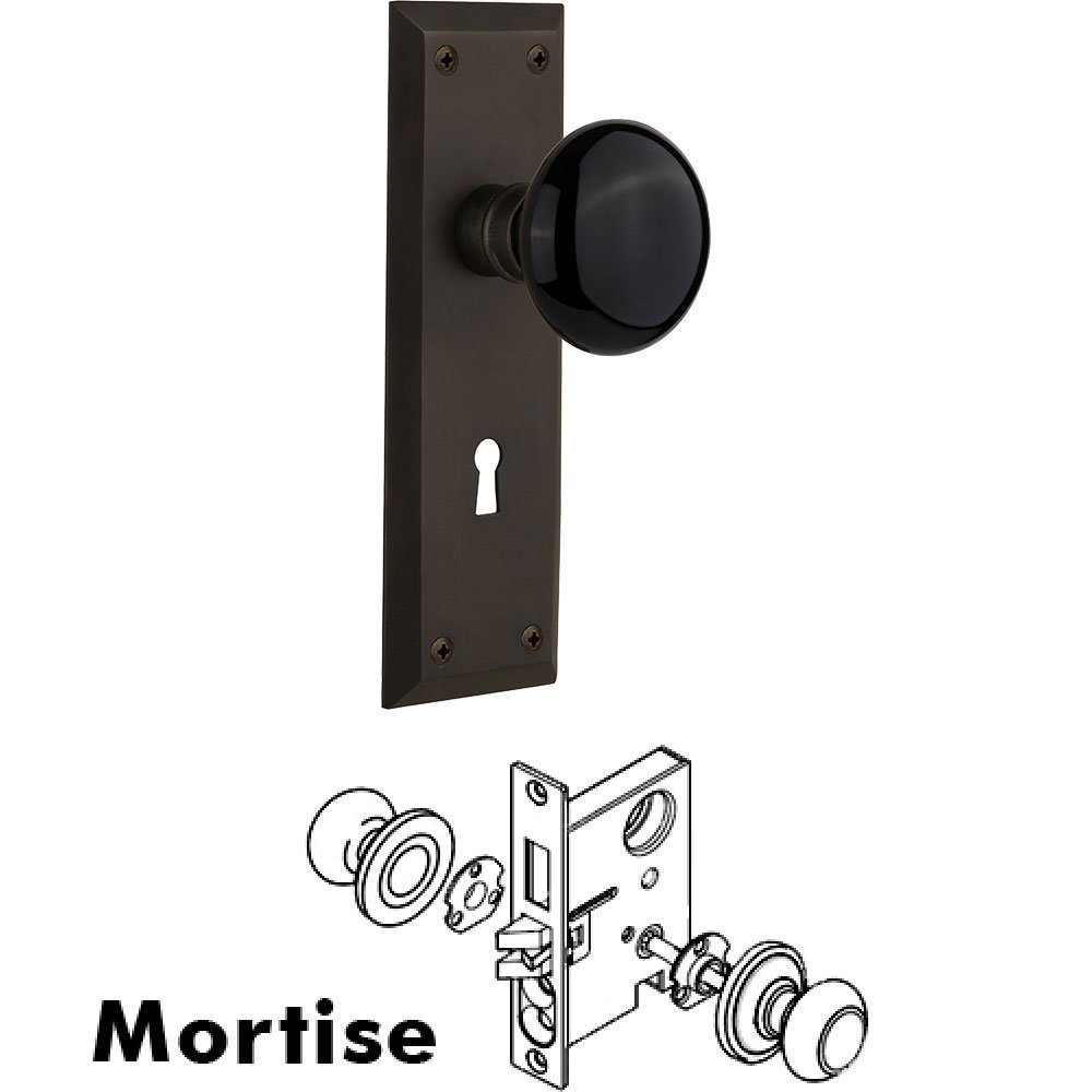 Nostalgic Warehouse Mortise - New York Plate with Black Porcelain Knob with Keyhole in Oil Rubbed Bronze