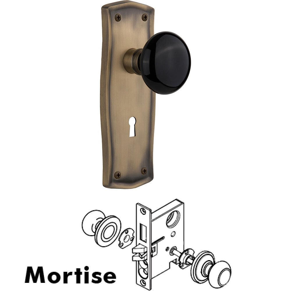 Nostalgic Warehouse Mortise - Prairie Plate with Black Porcelain Knob with Keyhole in Antique Brass
