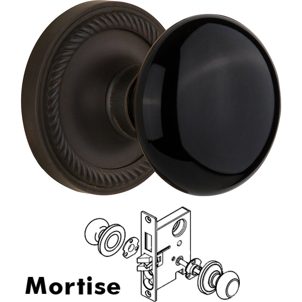Nostalgic Warehouse Mortise - Rope Rose with Black Porcelain Knob in Oil Rubbed Bronze