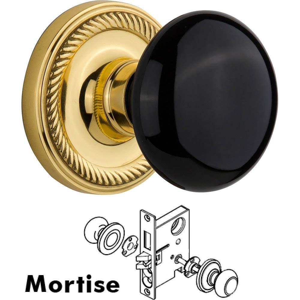 Nostalgic Warehouse Mortise - Rope Rose with Black Porcelain Knob in Polished Brass