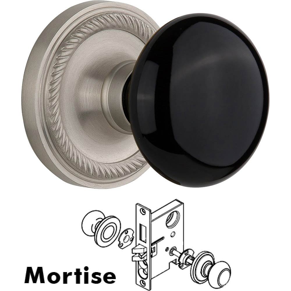 Nostalgic Warehouse Mortise - Rope Rose with Black Porcelain Knob in Satin Nickel