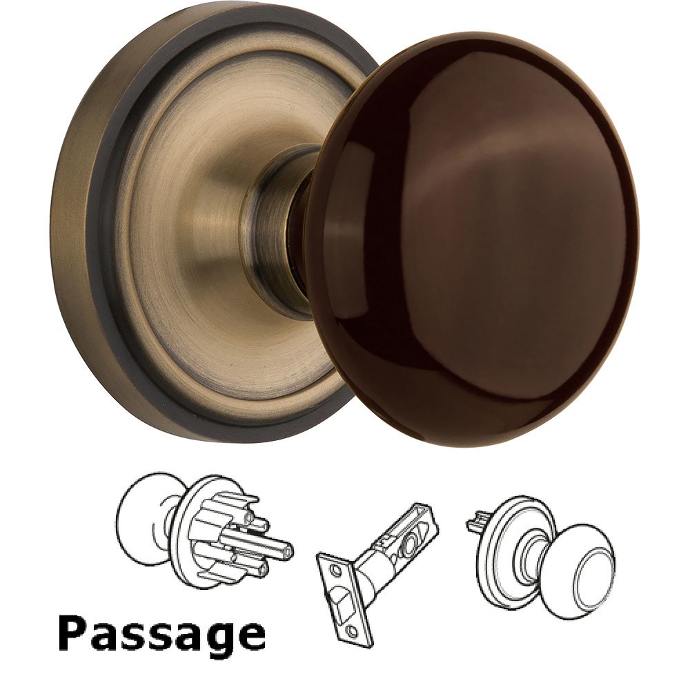 Nostalgic Warehouse Passage Knob - Classic Rose with Brown Porcelain Knob in Antique Brass