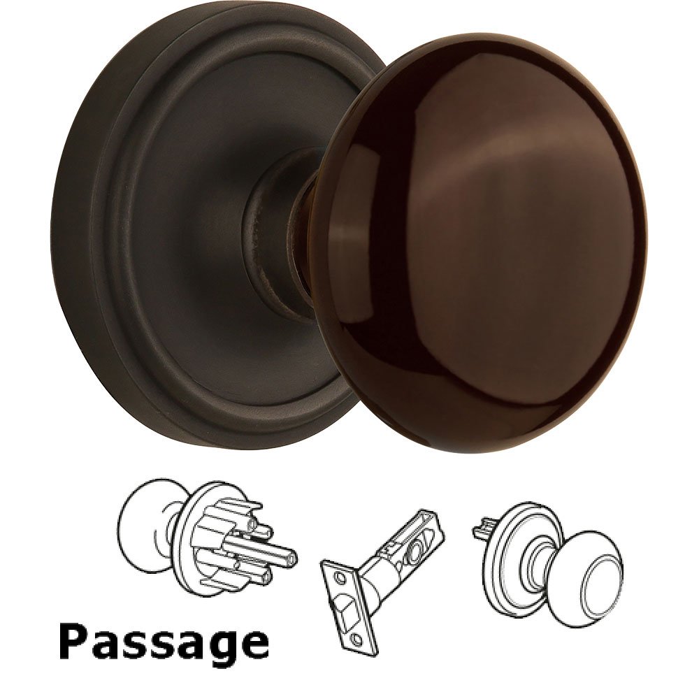 Nostalgic Warehouse Passage Knob - Classic Rose with Brown Porcelain Knob in Oil Rubbed Bronze