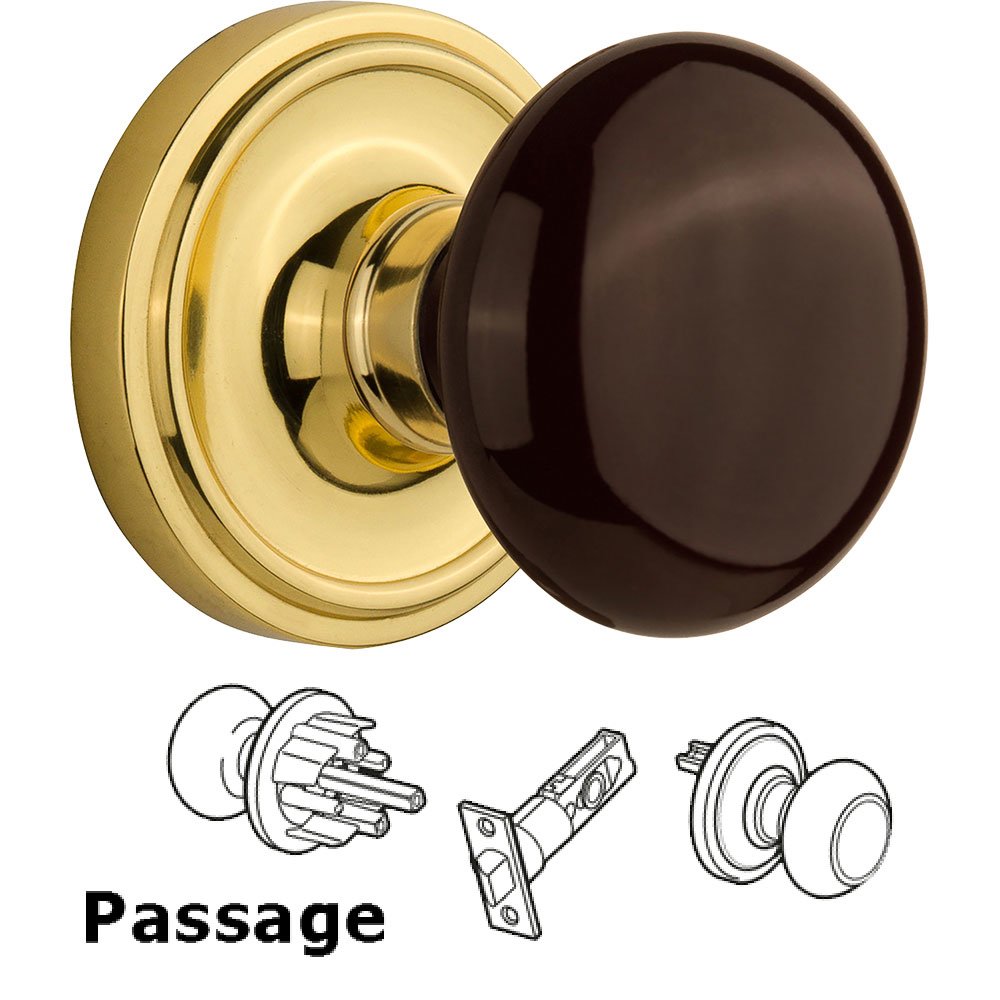 Nostalgic Warehouse Passage Knob - Classic Rose with Brown Porcelain Knob in Polished Brass