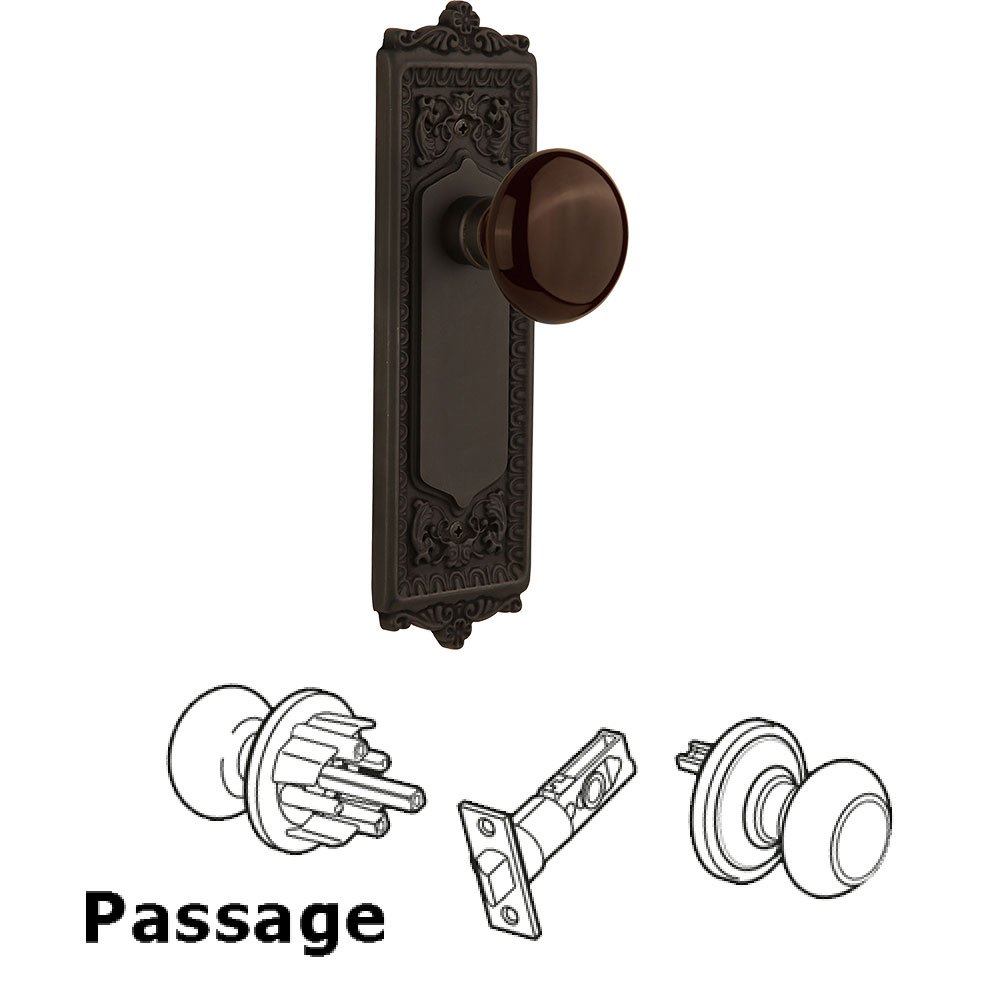 Nostalgic Warehouse Passage Knob - Egg and Dart Plate with Brown Porcelain Knob without Keyhole in Oil Rubbed Bronze