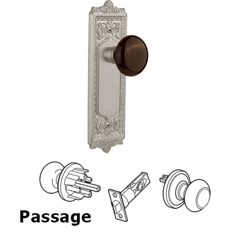 Nostalgic Warehouse Passage Knob - Egg and Dart Plate with Brown Porcelain Knob without Keyhole in Satin Nickel