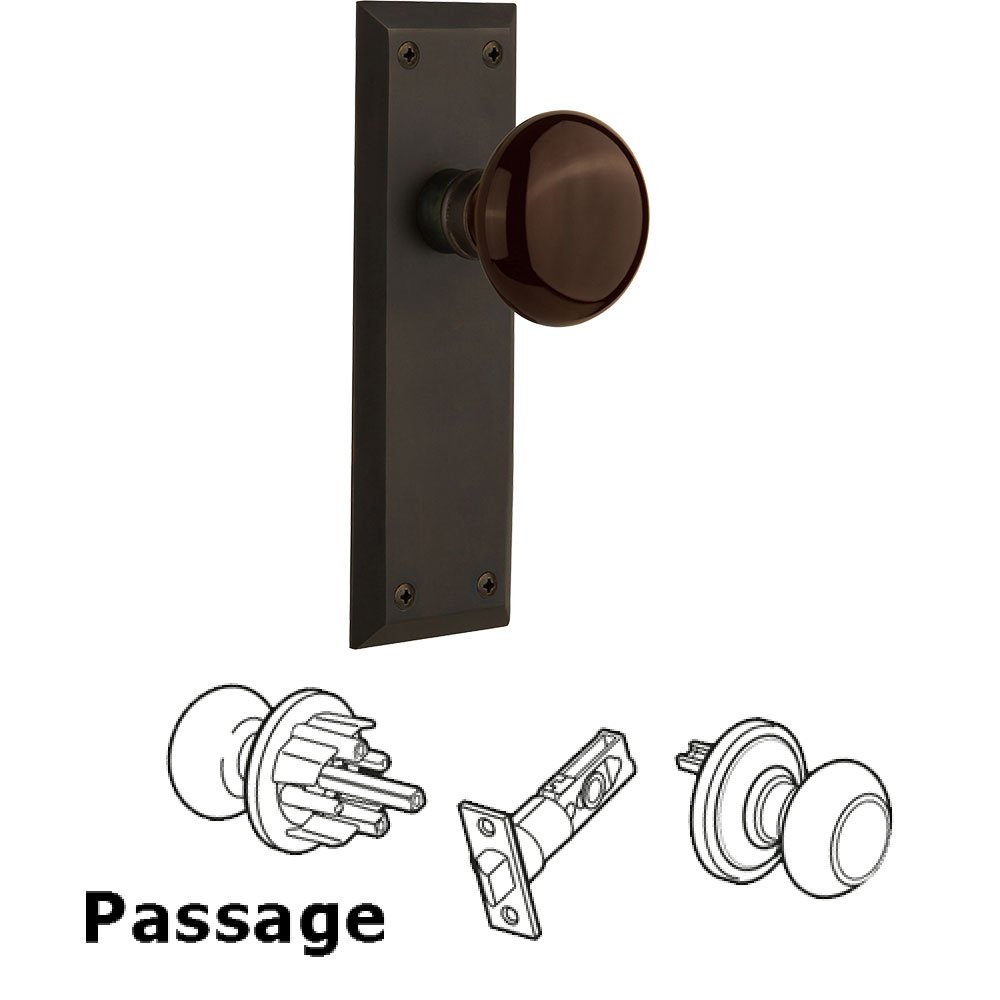 Nostalgic Warehouse Passage Knob - New York Plate with Brown Porcelain Knob without Keyhole in Oil Rubbed Bronze
