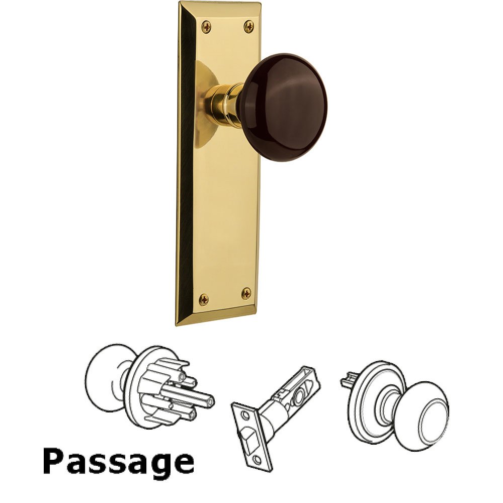 Nostalgic Warehouse Passage Knob - New York Plate with Brown Porcelain Knob without Keyhole in Polished Brass
