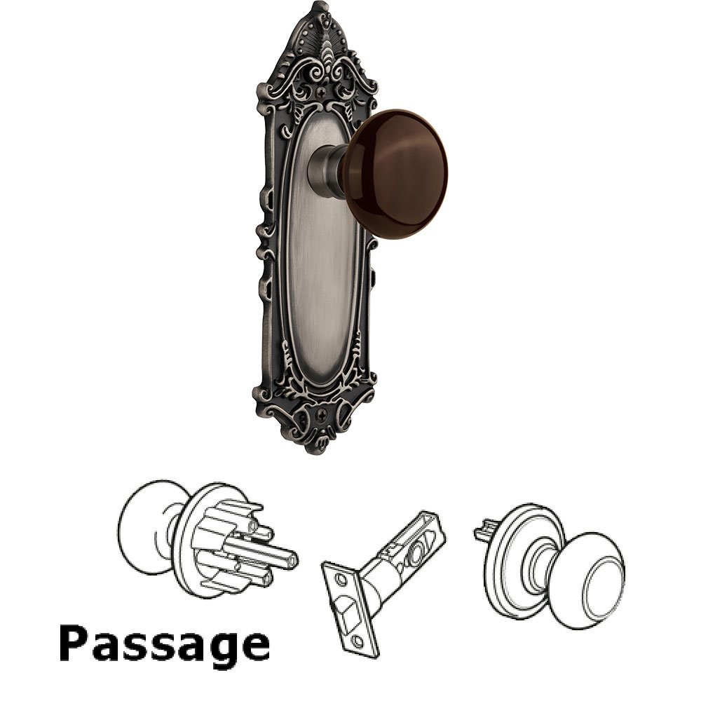 Nostalgic Warehouse Passage Victorian Plate with Brown Porcelain Door Knob in Antique Pewter
