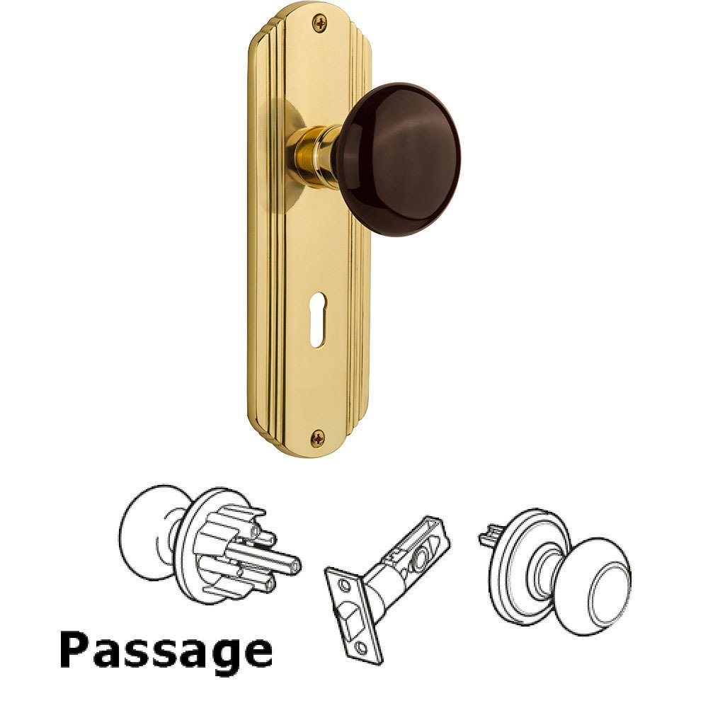 Nostalgic Warehouse Passage Knob - Deco Plate with Brown Porcelain Knob with Keyhole in Polished Brass