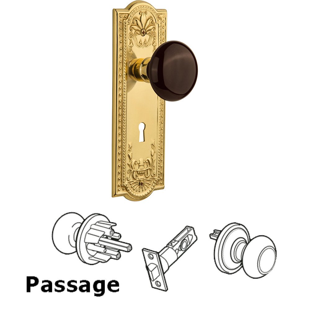 Nostalgic Warehouse Passage Meadows Plate with Keyhole and Brown Porcelain Door Knob in Polished Brass