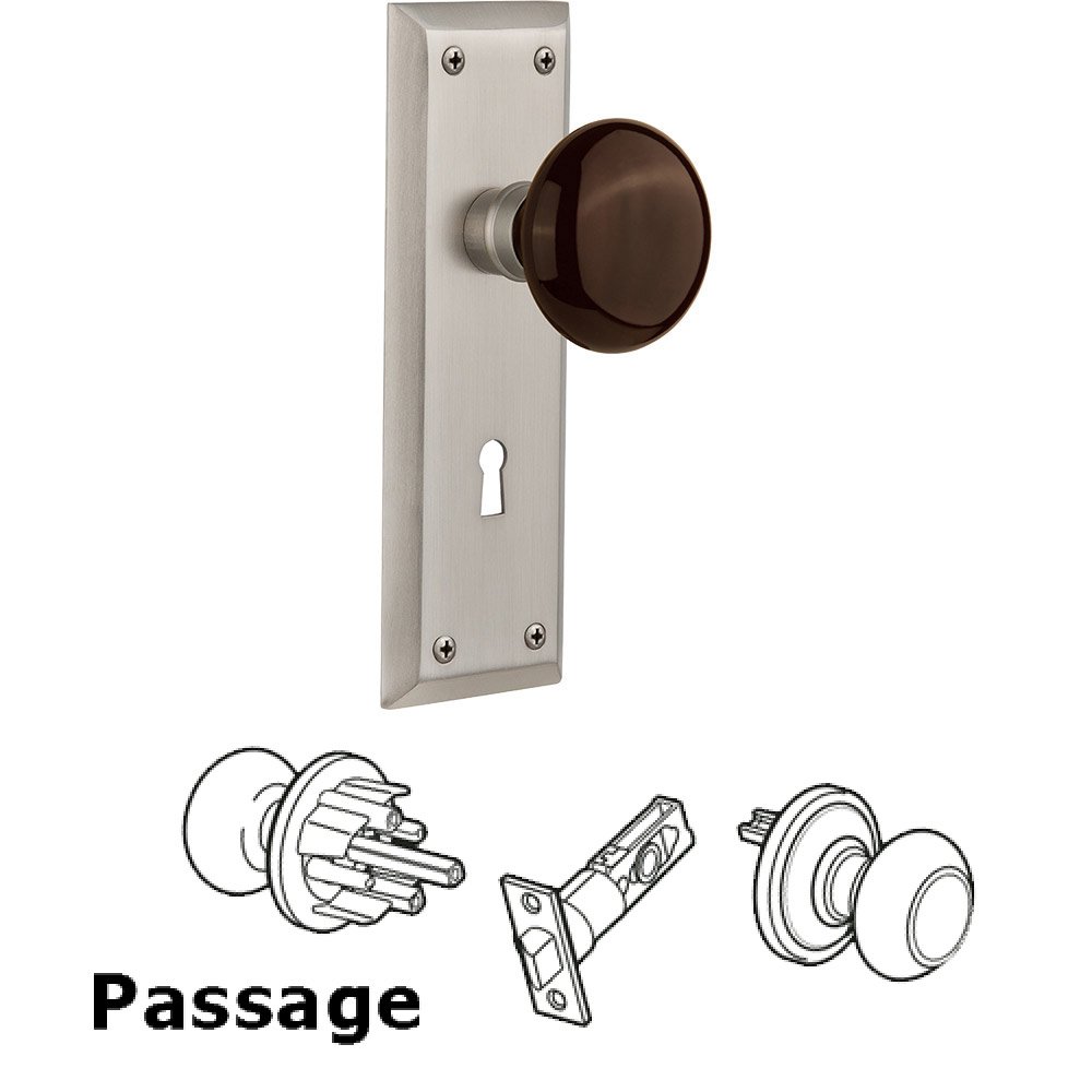 Nostalgic Warehouse Passage New York Plate with Keyhole and Brown Porcelain Door Knob in Satin Nickel