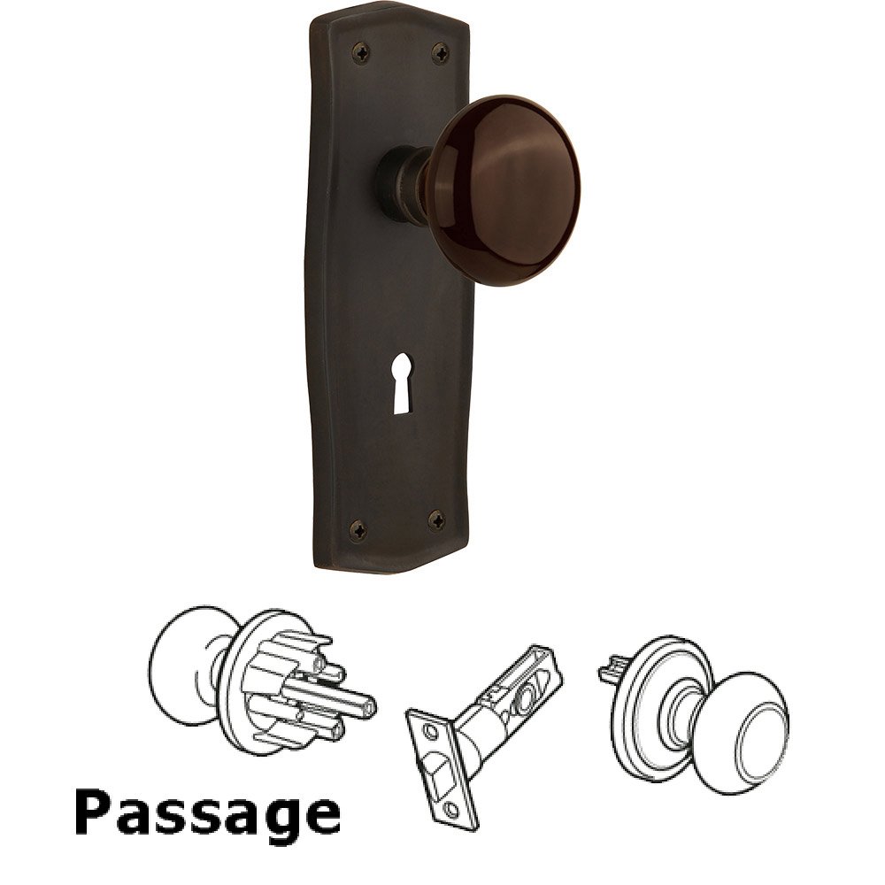 Nostalgic Warehouse Passage Prairie Plate with Keyhole and Brown Porcelain Door Knob in Oil-Rubbed Bronze