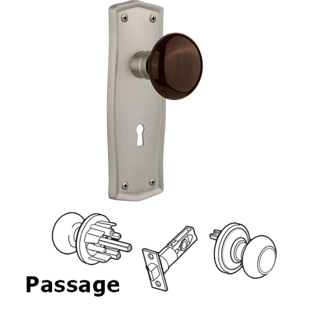 Nostalgic Warehouse Passage Prairie Plate with Keyhole and Brown Porcelain Door Knob in Satin Nickel
