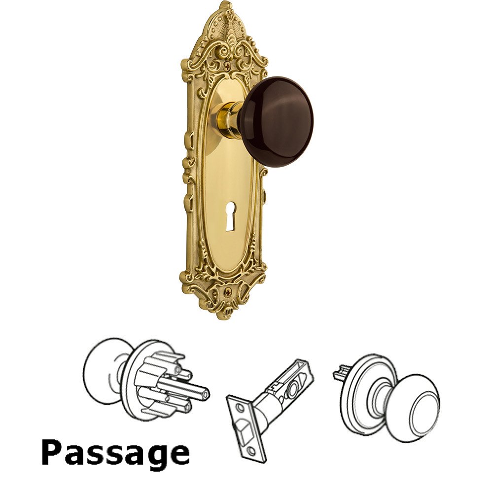 Nostalgic Warehouse Passage Victorian Plate with Keyhole and Brown Porcelain Door Knob in Polished Brass