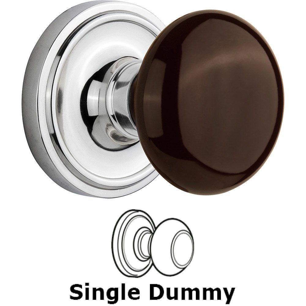Nostalgic Warehouse Single Dummy Classic Rose with Brown Porcelain Knob in Bright Chrome