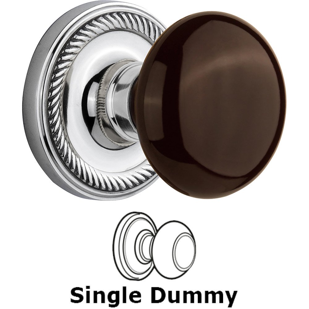 Nostalgic Warehouse Single Dummy - Rope Rose with Brown Porcelain Knob in Bright Chrome